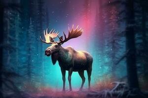 Moose in the forest with aurora magical atmosphere.Generative Ai. photo