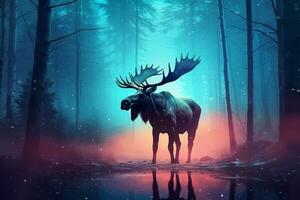 Moose in the forest with aurora magical atmosphere.Generative Ai. photo