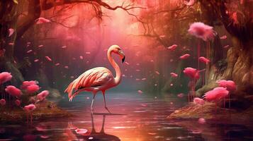 Pink flamingo beautiful in the  fantasy forest.Generative Ai. photo