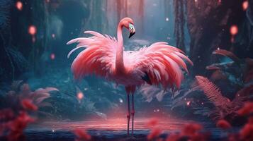 Pink flamingo beautiful in the  fantasy forest.Generative Ai. photo