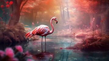 Pink flamingo beautiful in the  fantasy forest.Generative Ai. photo