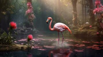 Pink flamingo beautiful in the  fantasy forest.Generative Ai. photo