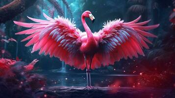 Pink flamingo beautiful in the  fantasy forest.Generative Ai. photo