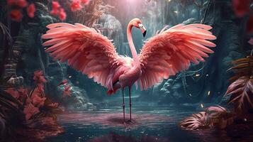 Pink flamingo beautiful in the  fantasy forest.Generative Ai. photo