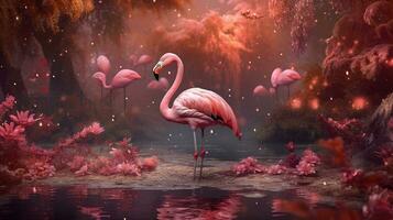 Pink flamingo beautiful in the  fantasy forest.Generative Ai. photo