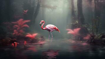Pink flamingo beautiful in the  fantasy forest.Generative Ai. photo