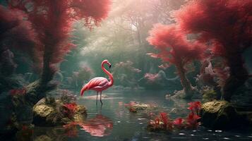 Pink flamingo beautiful in the  fantasy forest.Generative Ai. photo