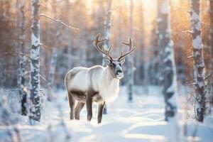 Reindeer standing in the snow winter background.Generative Ai. photo