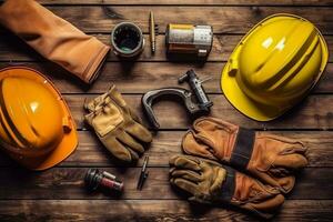 Construction site protective equipment on wooden background.Generative Ai. photo