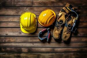 Construction site protective equipment on wooden background.Generative Ai. photo