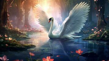 White swan beautiful wings in fantasy forest.Generative Ai. photo