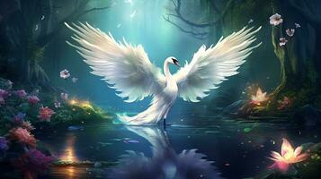 White swan beautiful wings in fantasy forest.Generative Ai. photo