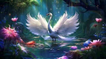 White swan beautiful wings in fantasy forest.Generative Ai. photo