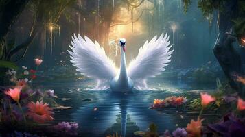 White swan beautiful wings in fantasy forest.Generative Ai. photo