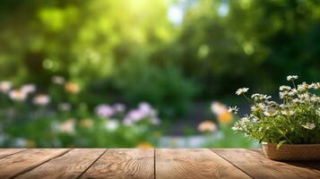 wooden table on the garden background.Generative Ai. photo