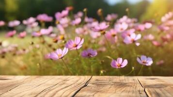 wooden table  with cosmos flower background.Generative Ai. photo