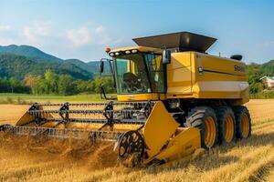 Harvester machine to harvest rice field.Generative Ai. photo