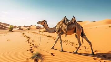 Camel in the desert with blue sky.Generative Ai. photo
