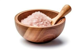 Pink salt in the wooden isolated on white background.Generative Ai. photo