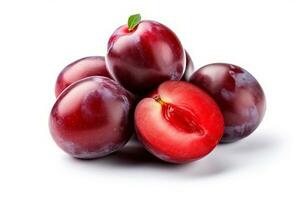 Red Plum fruits isolated on white background.Generative Ai. photo