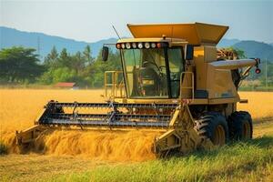 Harvester machine to harvest rice field.Generative Ai. photo