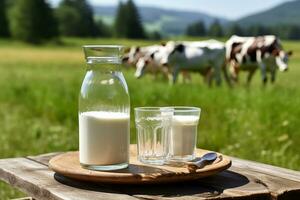 Fresh milk on wooden table with cows on meadow background.Generative Ai. photo