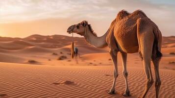 Camel in the desert with blue sky.Generative Ai. photo