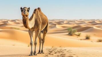 Camel in the desert with blue sky.Generative Ai. photo
