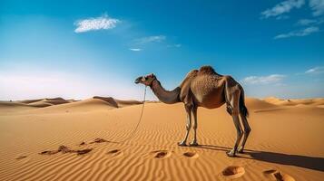 Camel in the desert with blue sky.Generative Ai. photo