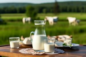 Fresh milk on wooden table with cows on meadow background.Generative Ai. photo