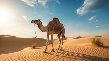 Camel in the desert with blue sky.Generative Ai. photo