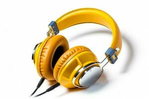 Yellow leather headphones isolated on white background.Generative Ai. photo