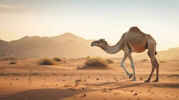 Camel in the desert with blue sky.Generative Ai. photo