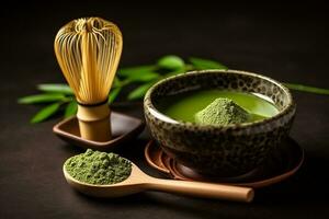 Matcha bowl set, wooden spoon and matcha whisk.Generative Ai. photo