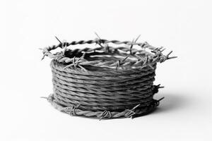 Roll up of barbed wire on white background.Generative Ai. photo