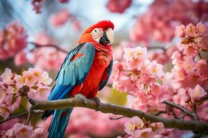 Parrot sitting on a branch with beautiful flower.Generative Ai. photo