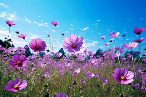Colorful Cosmos field with blue sky.Generative Ai. photo