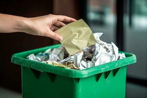 Hand throwing crumpled paper in the recycling bin.Generative Ai. photo