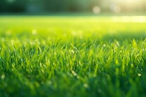 Selective focus green grass with bokeh background.Generative Ai. photo