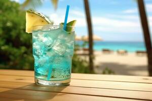 Blue hawaii juice soda cocktail on wooden table on beach background.Generative Ai. photo