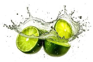 Fresh lime with water splash isolated on white background.Generative Ai. photo