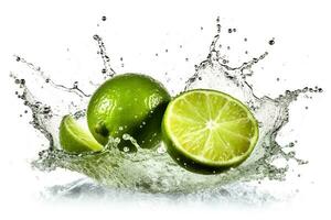 Fresh lime with water splash isolated on white background.Generative Ai. photo