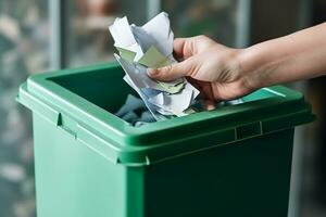 mano lanzamiento estropeado papel en el reciclaje bin.generativo ai. foto