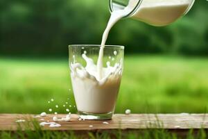 Pouring milk splash on wooden table.Generative Ai. photo