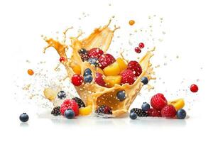 Corn flakes and milk splash isolated on white background.Generative Ai. photo