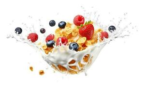 Corn flakes and milk splash isolated on white background.Generative Ai. photo