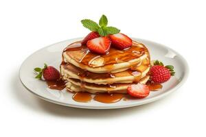 Strawberry pancakes and syrup isolated on white background.Generative Ai. photo