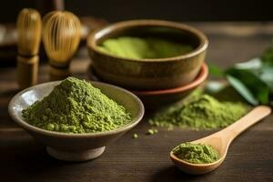 Set of matcha powder bowl wooden spoon and whisk .Generative Ai. photo