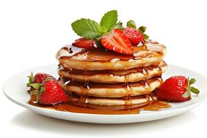 Strawberry pancakes and syrup isolated on white background.Generative Ai. photo