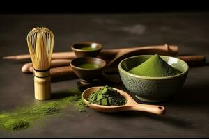 Set of matcha powder bowl wooden spoon and whisk .Generative Ai. photo